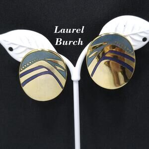 Laurel Burch Blue Metallic Oval Post Earrings, Gold Plated, 1980s Vintage